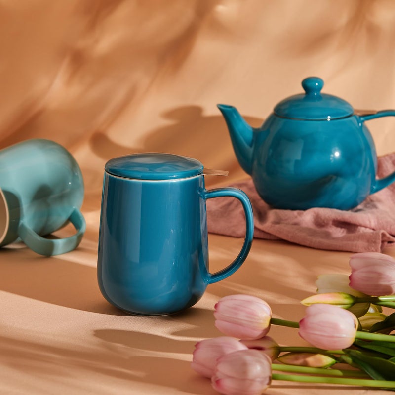 Sweese Porcelain Teacup with Infuser and Lid, 20oz, Steel Blue, Microwave Safe, Reusable - Image 3